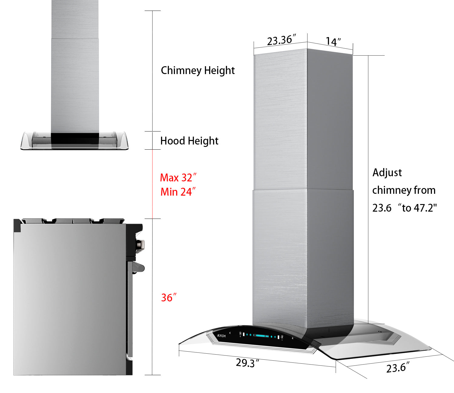 IKTCH Upgrated Island Mount Range Hood, 900 CFM Ducted Range Hood with 4 Speed Fan, Stainless Steel& Tempered Glass with Gesture Sensing&Touch Control Making life Smarter IKIS01