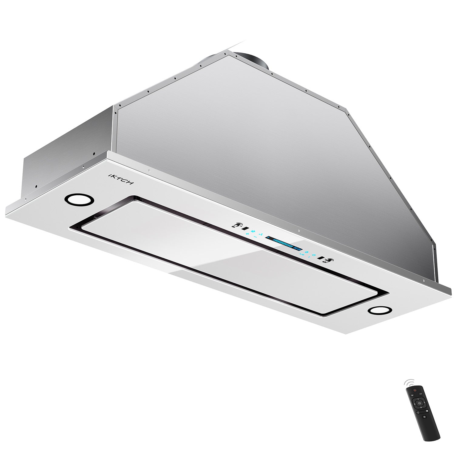IKTCH New Range Hood Insert, 900 CFM Ducted/Ductless Range Hood with 4 Speed Fan, White Stainless Steel & Tempered Glass Range Hood with Gesture Sensing&Touch Control Making life Smarter
