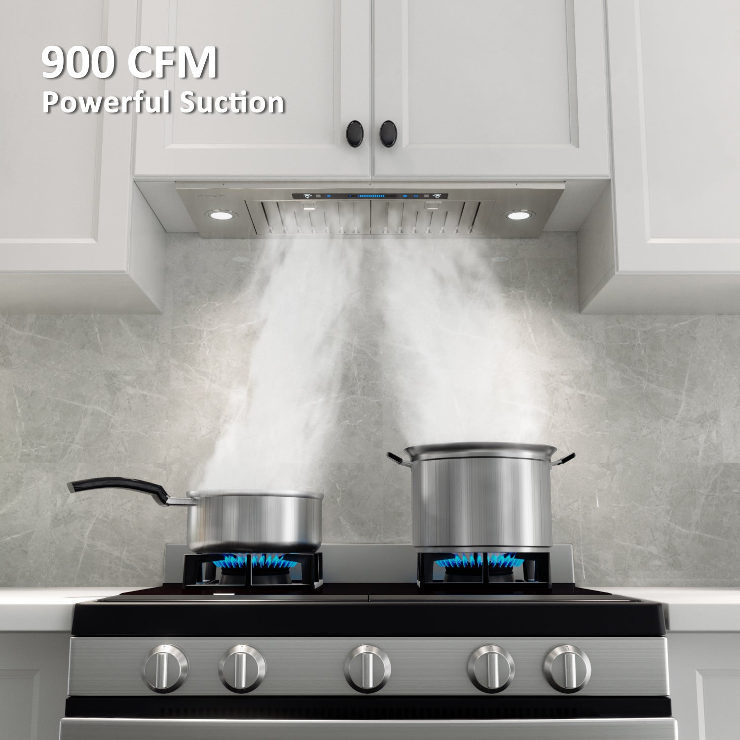 IKTCH Built-in/Insert Range Hood 900 CFM, Ducted/Ductless Convertible Duct, Stainless Steel Kitchen Vent Hood with 4 Speed Gesture Sensing&Touch Control Panel (IKB01)