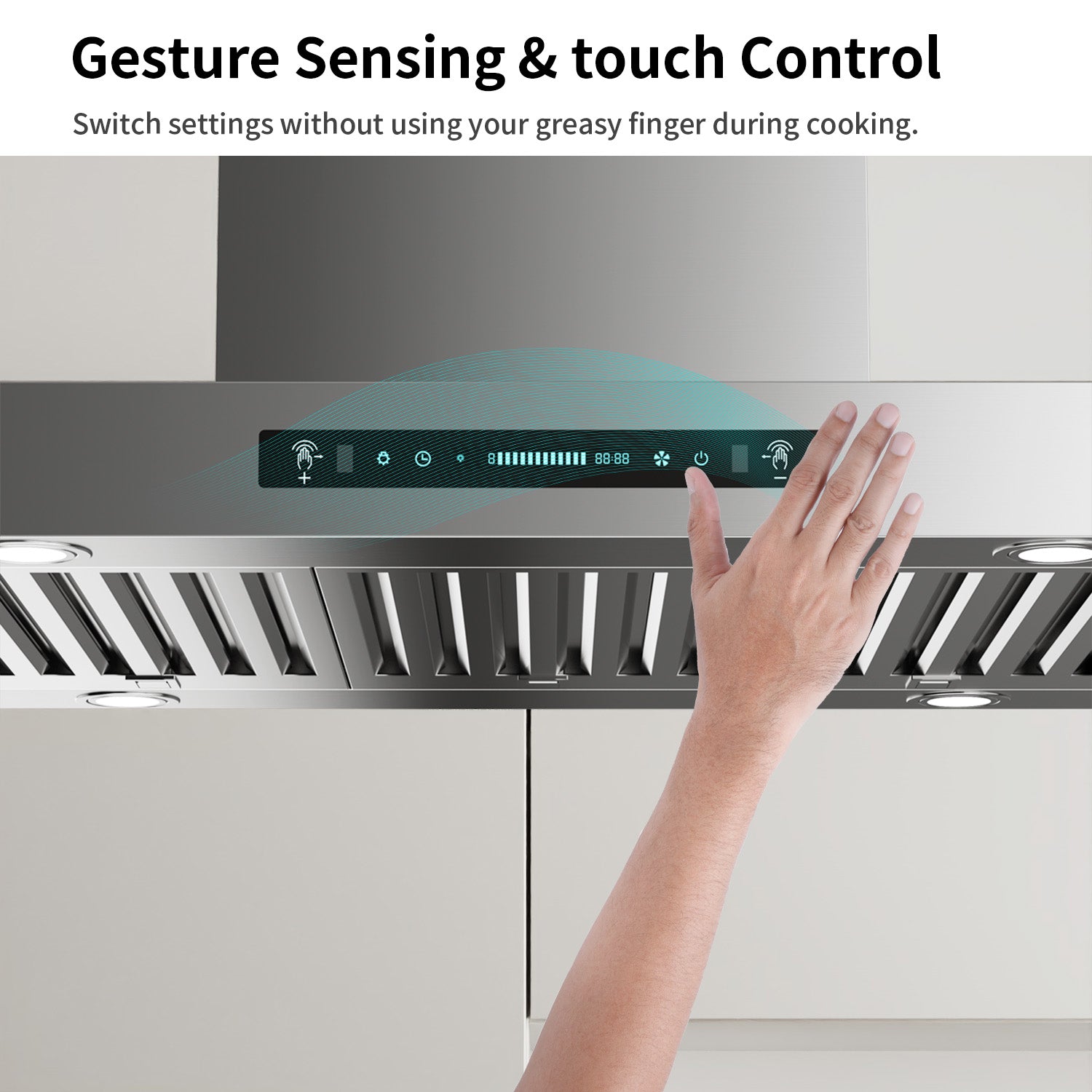 IKTCH Upgrated Island Mount Range Hood, 900 CFM Ducted Range Hood with 4 Speed Fan, Stainless Steel with Gesture Sensing & Touch Control Making life Smarter IKIS02