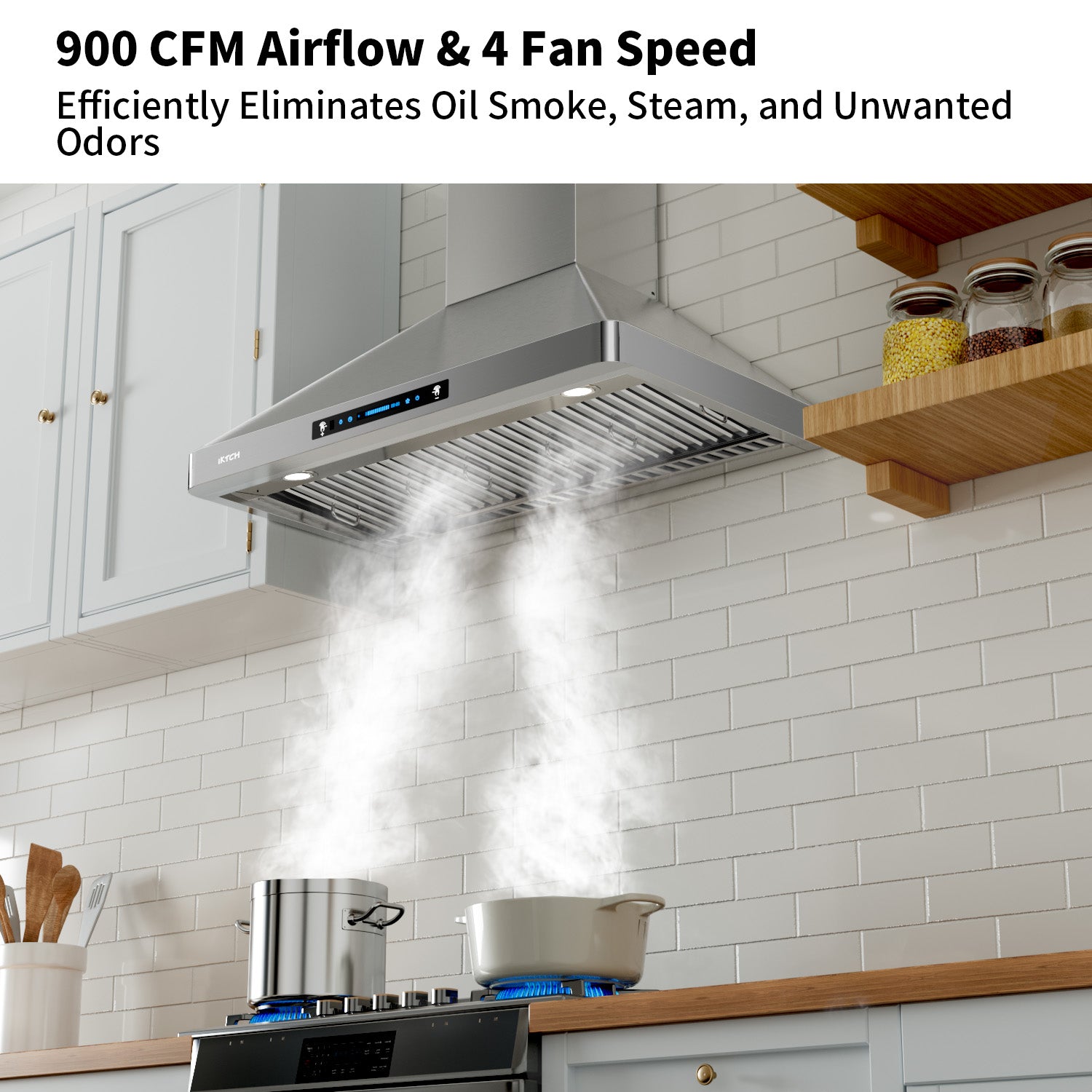 IKTCH Wall Mount Range Hood, 900 CFM Ducted/Ductless with 4 Speed Fan, Pure Stainless Steel Range Hood Featuring Gesture Sensing & Touch Control for a Smarter Life IKP02R