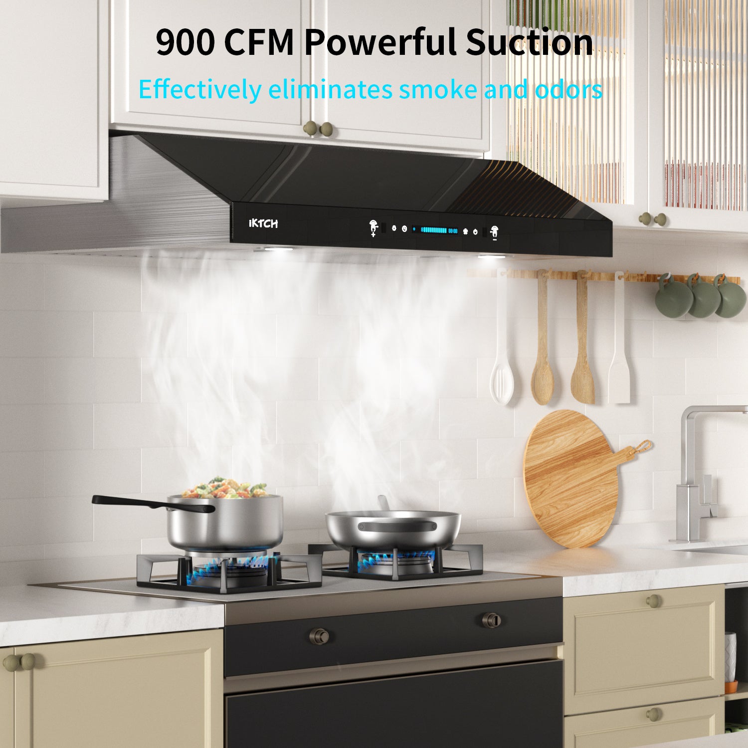 IKTCH Upgrated Under Cabinet Range Hood, 900 CFM Ducted Range Hood with 4 Speed Fan, Stainless Steel & Black Tempered Glass Range Hood with Gesture Sensing&Touch Control Making life Smarter