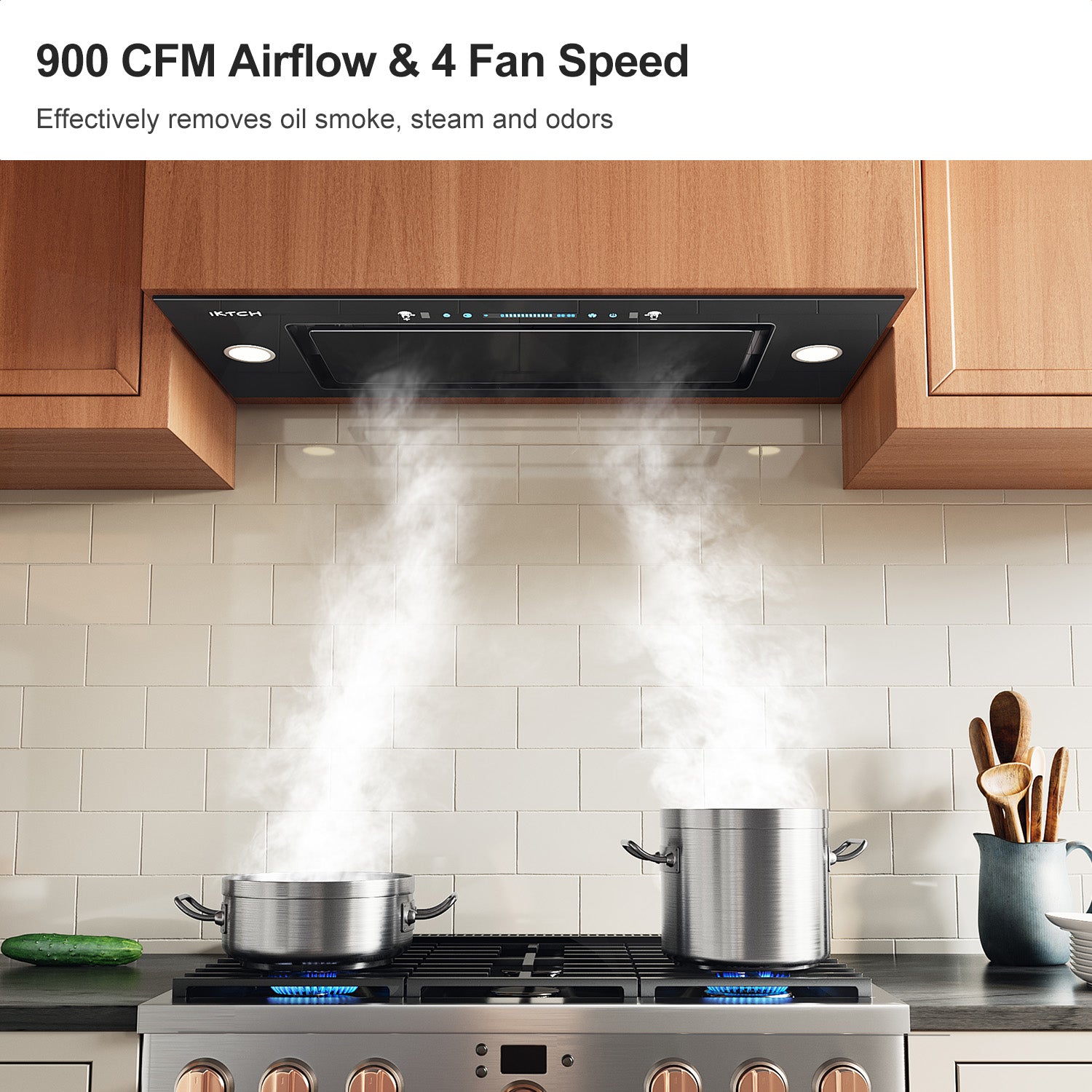 IKTCH New Range Hood Insert, 900 CFM Ducted/Ductless Range Hood with 4 Speed Fan, White Stainless Steel & Tempered Glass Range Hood with Gesture Sensing&Touch Control Making life Smarter