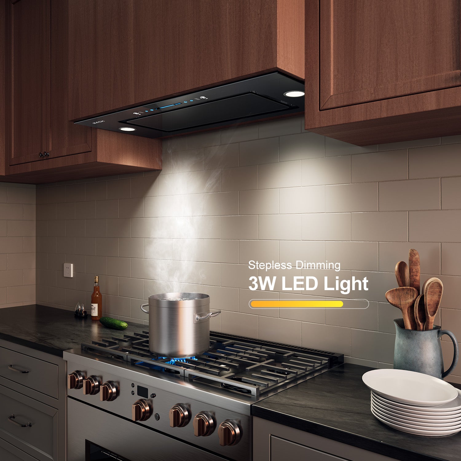 IKTCH New Range Hood Insert, 900 CFM Ducted/Ductless Range Hood with 4 Speed Fan, White Stainless Steel & Tempered Glass Range Hood with Gesture Sensing&Touch Control Making life Smarter