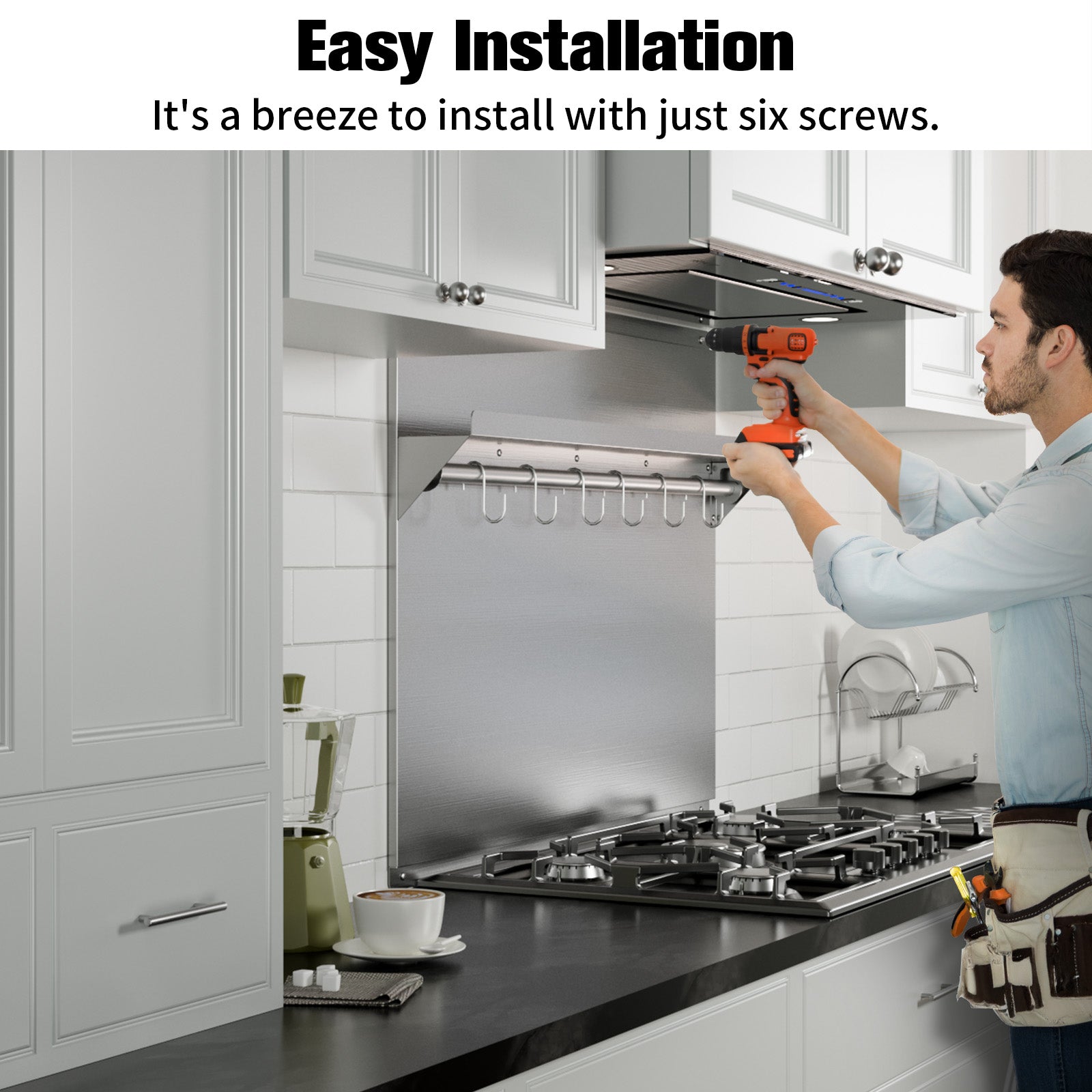 IKTCH Range Backsplash with Shelf 24 x 30 Inch Range Hood Wall Shield, Stainless Steel Backsplash Silver Splash Plate for Range Hood Stainless Backsplash with Built-in Storage Shelf and Hanging Rack