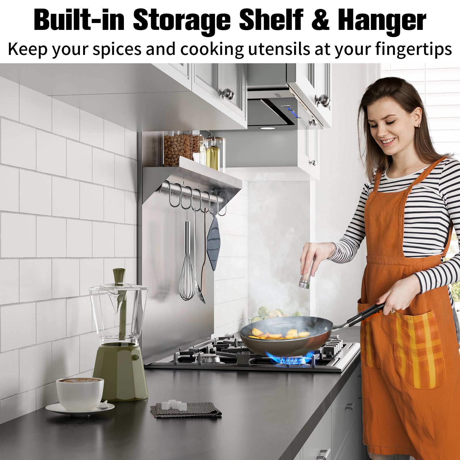 IKTCH Range Backsplash with Shelf 24 x 30 Inch Range Hood Wall Shield, Stainless Steel Backsplash Silver Splash Plate for Range Hood Stainless Backsplash with Built-in Storage Shelf and Hanging Rack