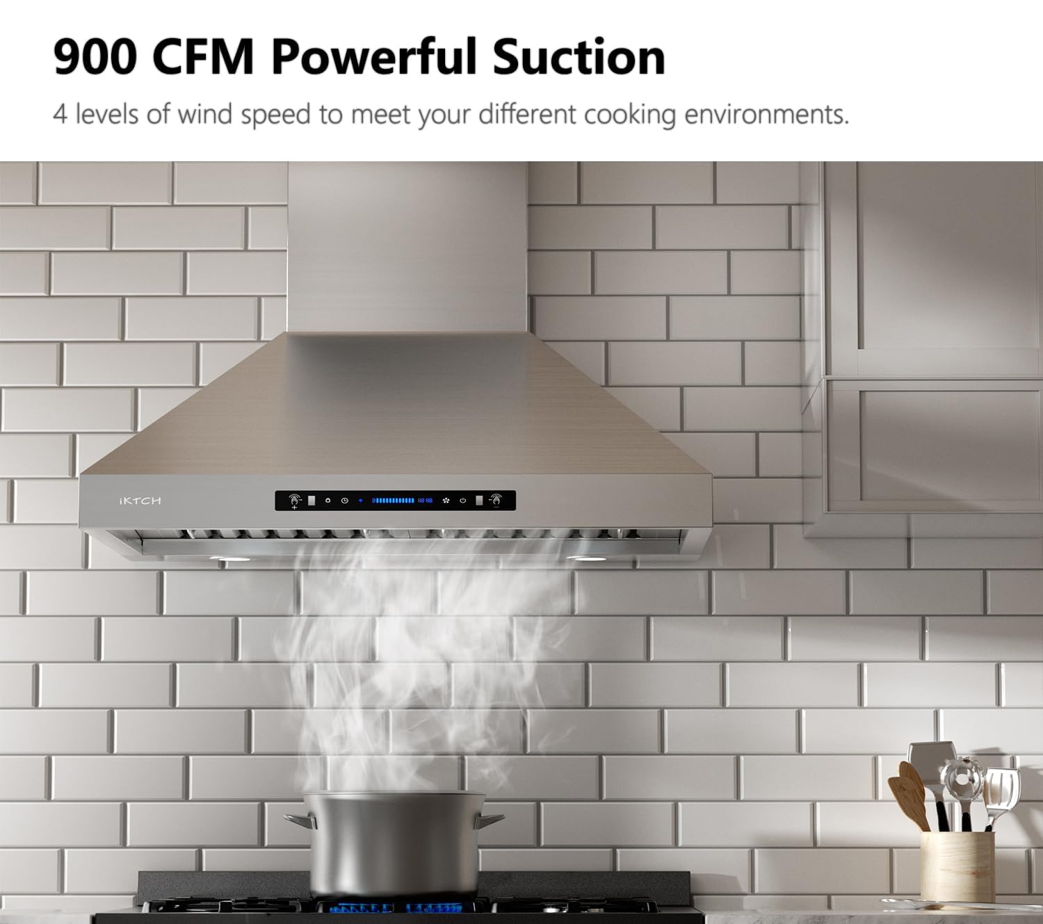IKTCH Wall Mount Range Hood, 900 CFM Powerful Suction, Gesture Sensing & Touch Control, 4-Speed Fan, Adjustable LED Lights, Stainless Steel, Ducted/Ductless Convertible