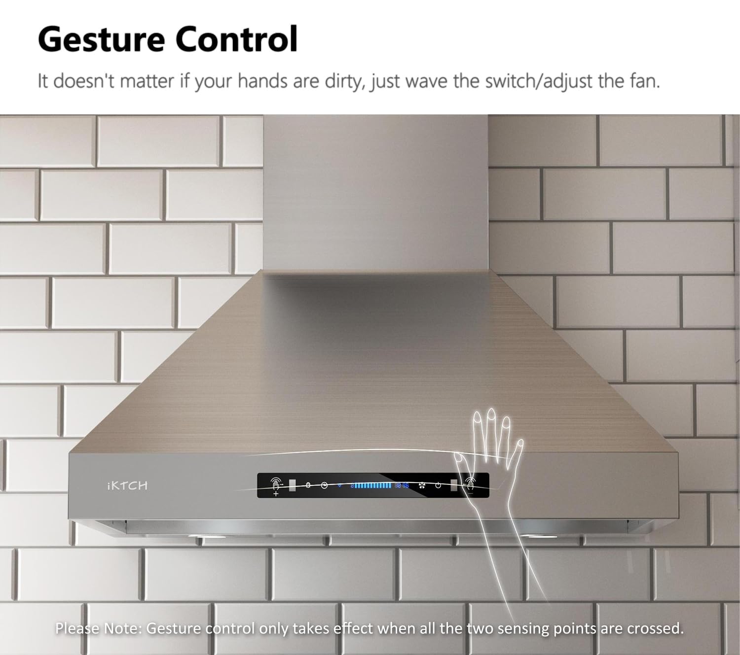 IKTCH Wall Mount Range Hood, 900 CFM Powerful Suction, Gesture Sensing & Touch Control, 4-Speed Fan, Adjustable LED Lights, Stainless Steel, Ducted/Ductless Convertible