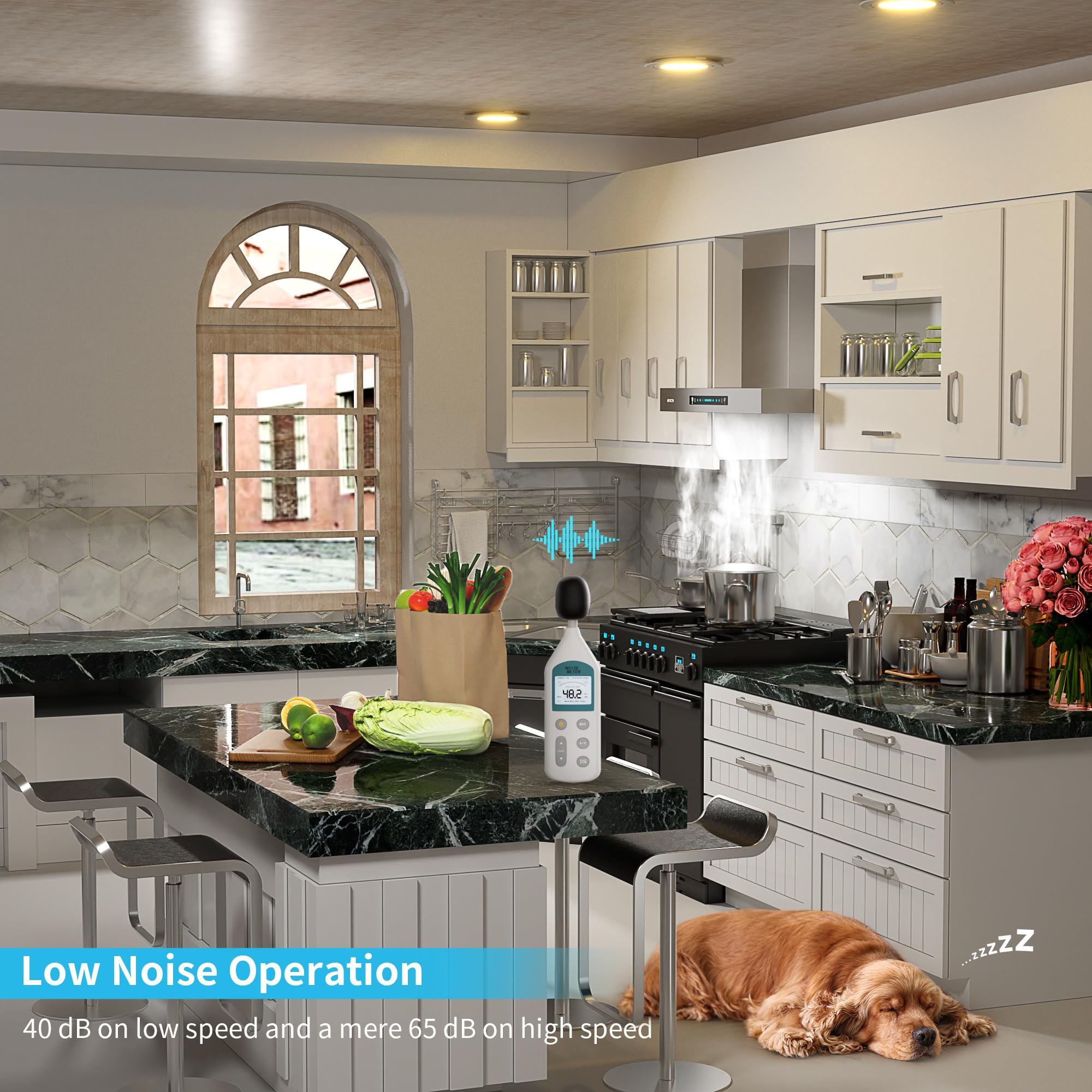 IKTCH Wall Mount Range Hood, 900 CFM Ducted Range Hood with 4 Speed Fan, Durable Stainless Steel with Gesture Sensing & Touch Control IKP01