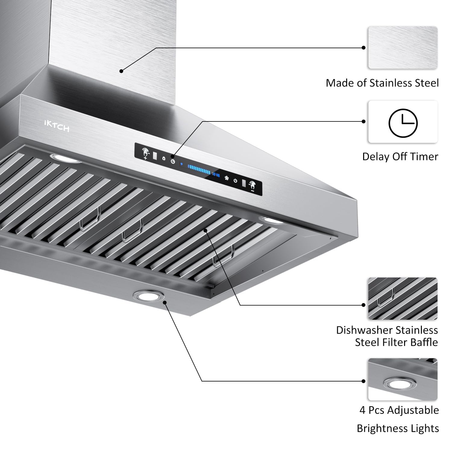IKTCH Wall Mount Range Hood, 900 CFM Powerful Suction, Gesture Sensing & Touch Control, 4-Speed Fan, Adjustable LED Lights, Stainless Steel, Ducted/Ductless Convertible