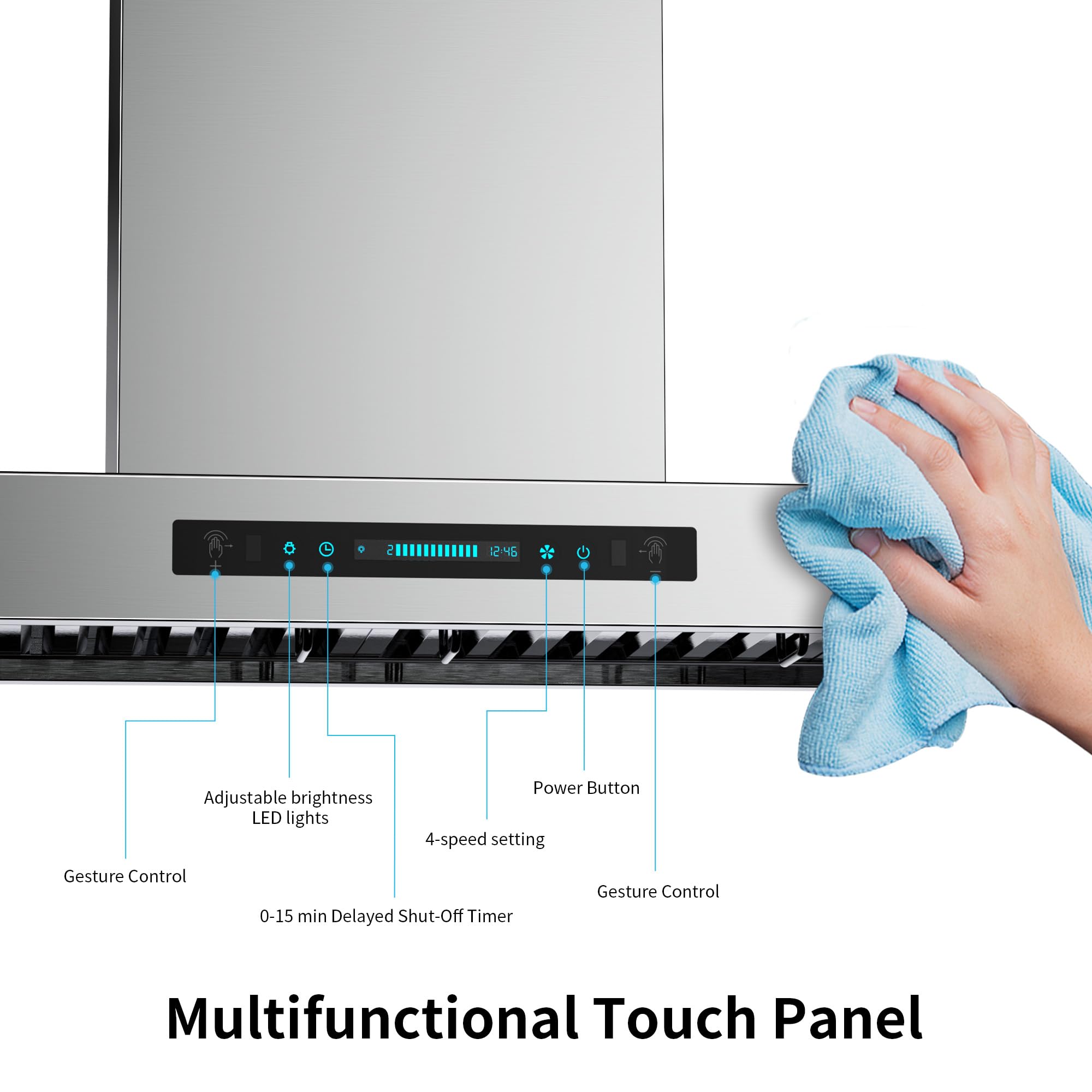 IKTCH Wall Mount Range Hood, 900 CFM Ducted Range Hood with 4 Speed Fan, Durable Stainless Steel with Gesture Sensing & Touch Control IKP01