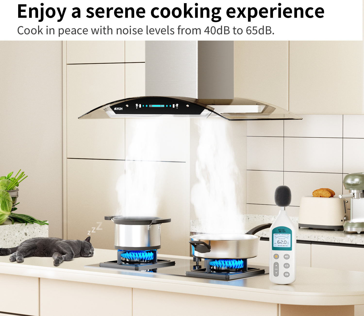 IKTCH Upgrated Island Mount Range Hood, 900 CFM Ducted Range Hood with 4 Speed Fan, Stainless Steel& Tempered Glass with Gesture Sensing&Touch Control Making life Smarter IKIS01