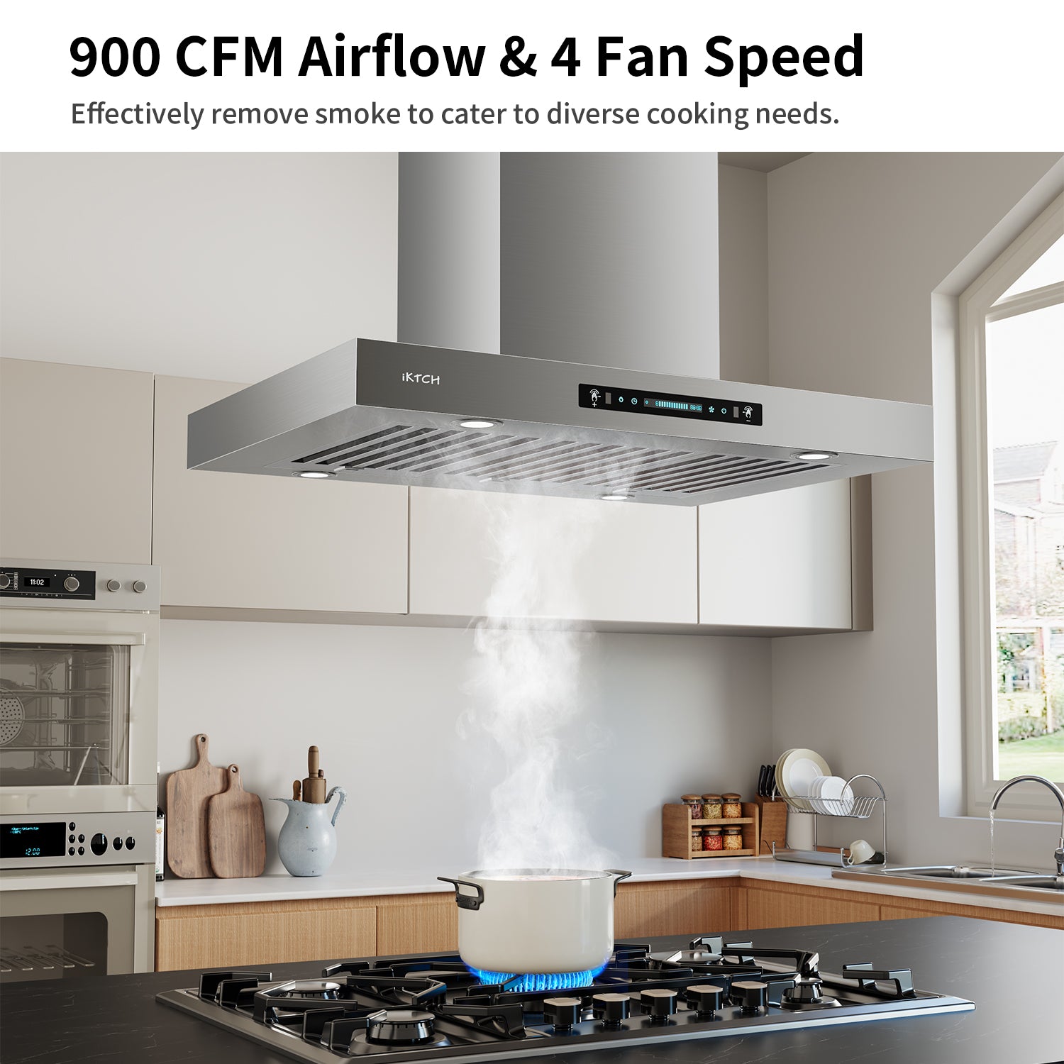 IKTCH Upgrated Island Mount Range Hood, 900 CFM Ducted Range Hood with 4 Speed Fan, Stainless Steel with Gesture Sensing & Touch Control Making life Smarter IKIS02