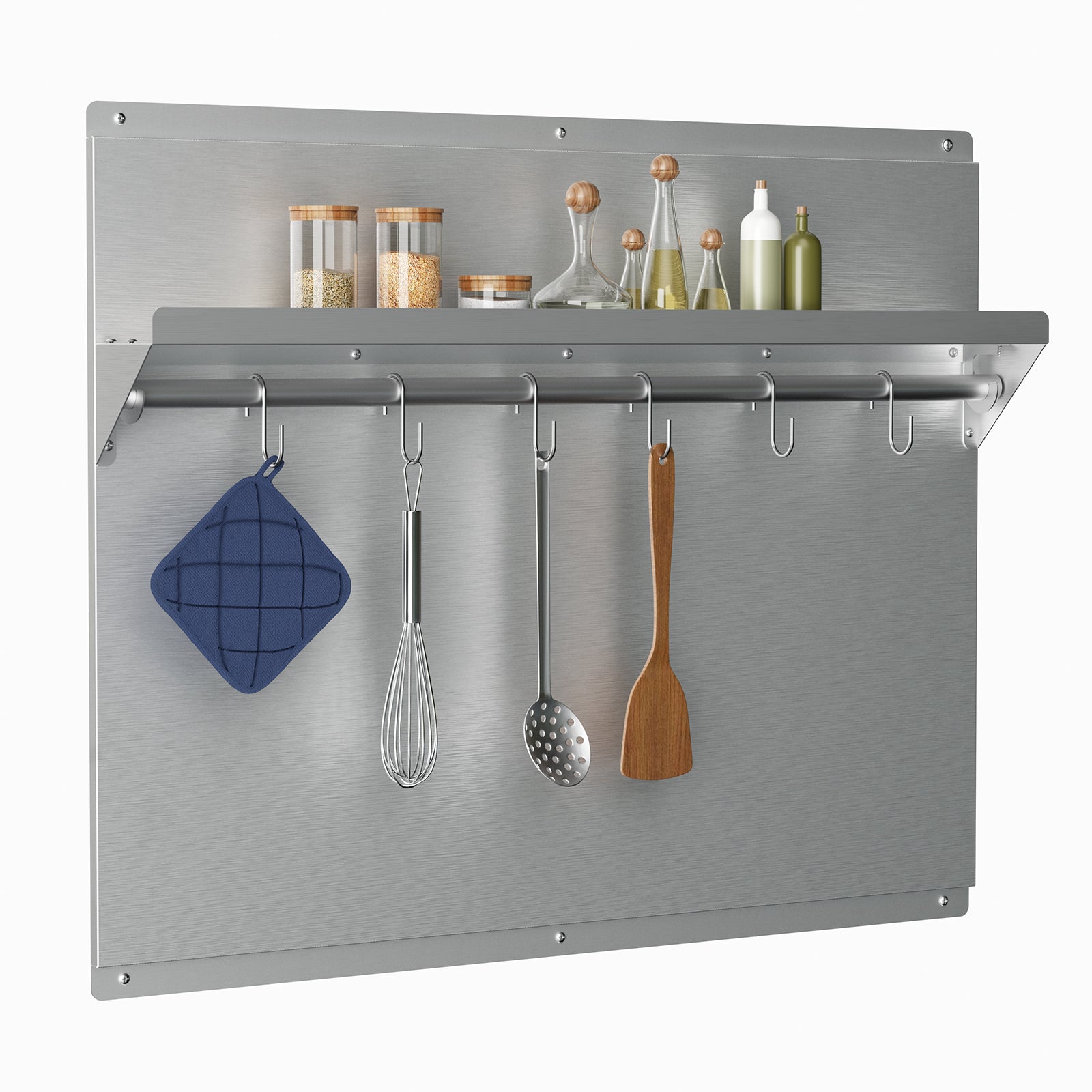 IKTCH Range Backsplash with Shelf 24 x 30 Inch Range Hood Wall Shield, Stainless Steel Backsplash Silver Splash Plate for Range Hood Stainless Backsplash with Built-in Storage Shelf and Hanging Rack
