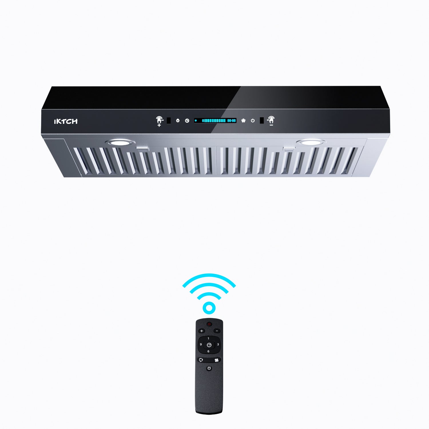 IKTCH Upgrated Under Cabinet Range Hood, 900 CFM Ducted Range Hood with 4 Speed Fan, Stainless Steel & Black Tempered Glass Range Hood with Gesture Sensing&Touch Control Making life Smarter