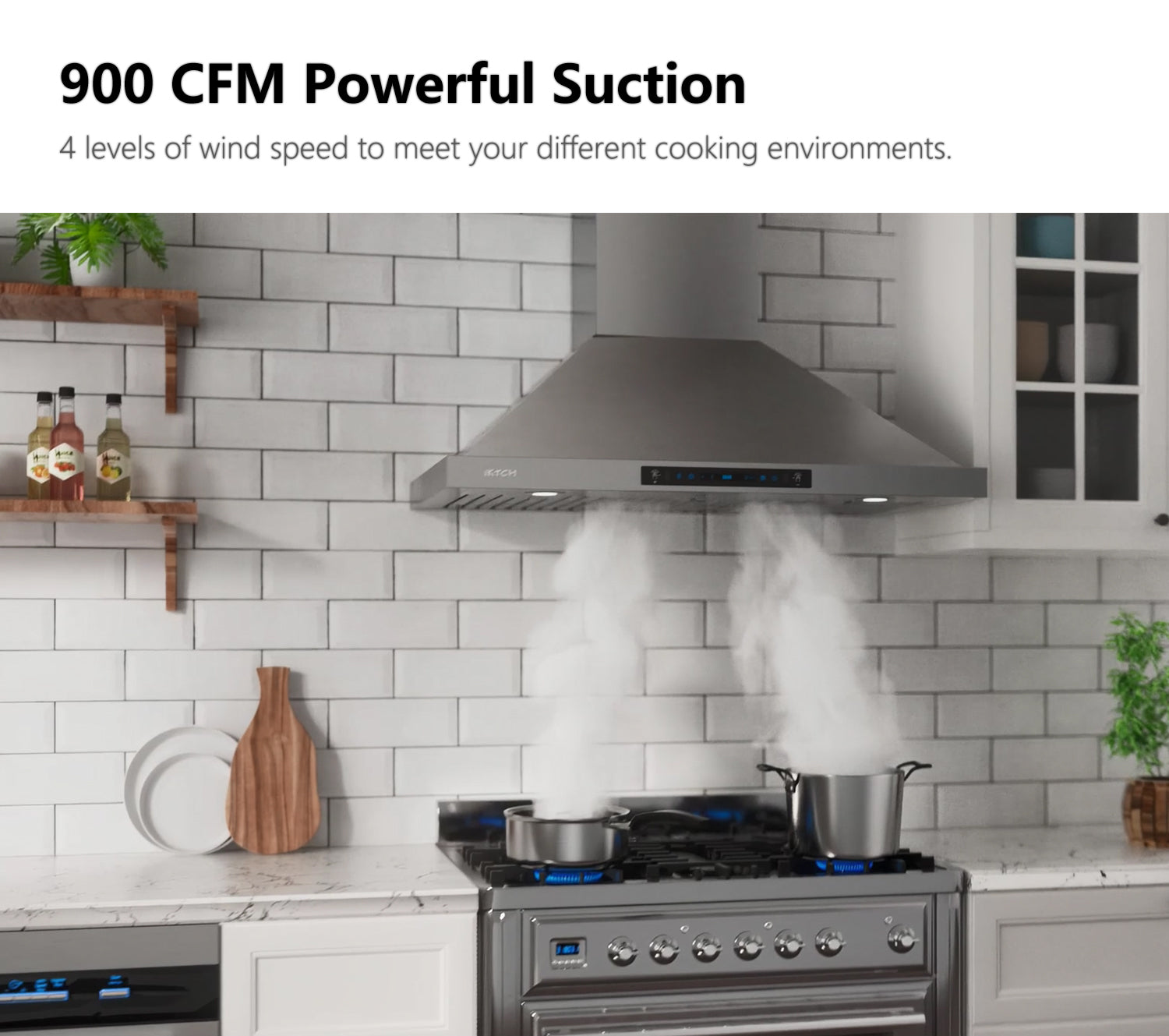 IKTCH Wall Mount Range Hood 900 CFM Ducted/Ductless Convertible, Kitchen Chimney Vent Stainless Steel with Gesture Sensing & Touch Control Switch Panel, 2 Pcs Adjustable Lights IKP02