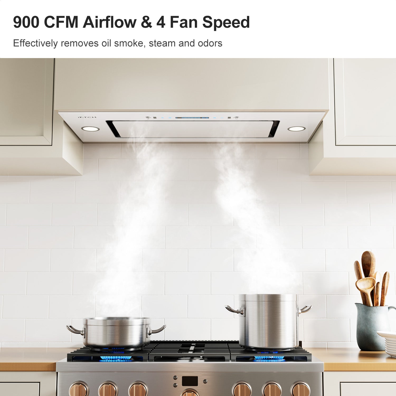 IKTCH New Range Hood Insert, 900 CFM Ducted/Ductless Range Hood with 4 Speed Fan, White Stainless Steel & Tempered Glass Range Hood with Gesture Sensing&Touch Control Making life Smarter