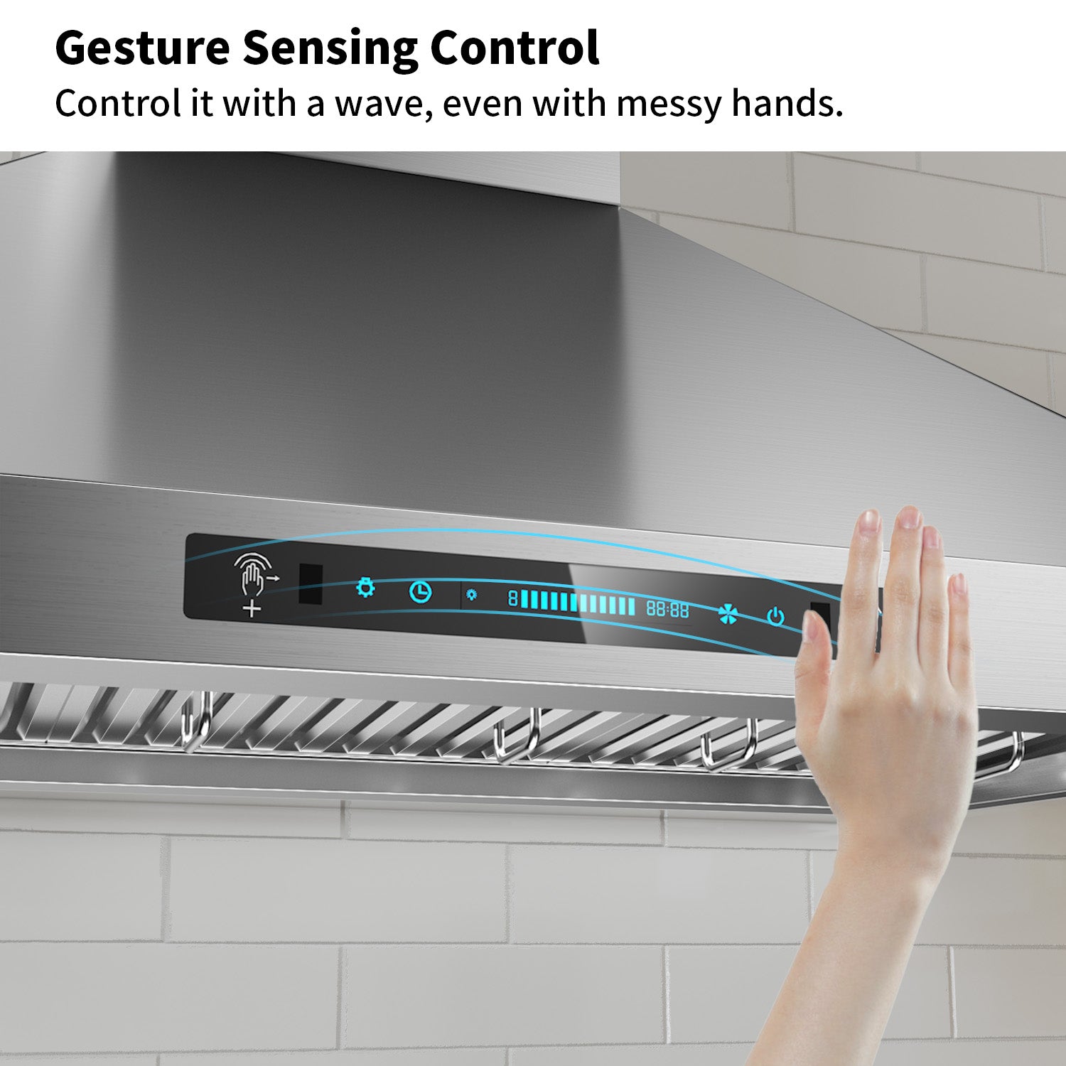 IKTCH Wall Mount Range Hood, 900 CFM Ducted/Ductless with 4 Speed Fan, Pure Stainless Steel  Range Hood Featuring Gesture Sensing & Touch Control for a Smarter Life IKP02R