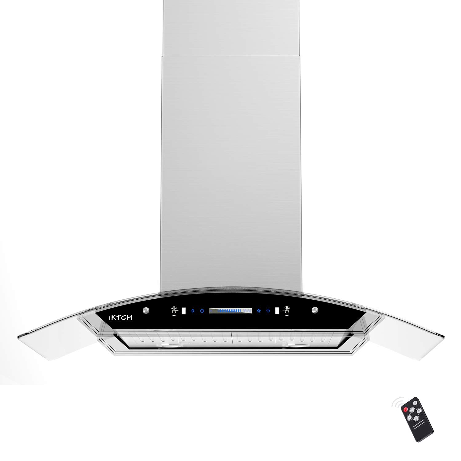 IKTCH Upgrated Island Mount Range Hood, 900 CFM Ducted Range Hood with 4 Speed Fan, Stainless Steel& Tempered Glass with Gesture Sensing&Touch Control Making life Smarter IKIS01