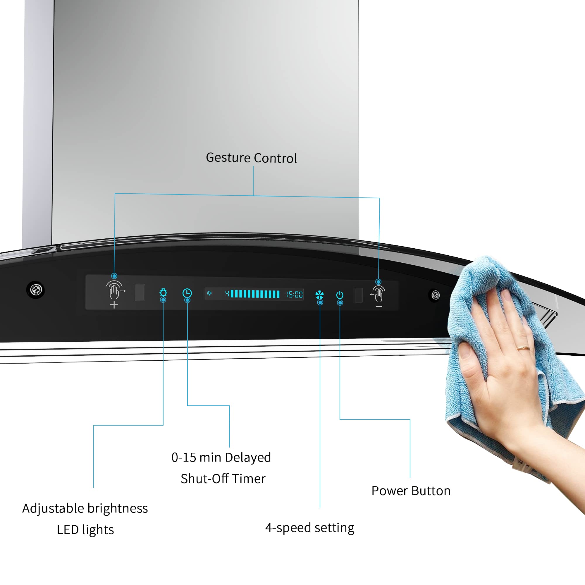 IKTCH Upgrated Island Mount Range Hood, 900 CFM Ducted Range Hood with 4 Speed Fan, Stainless Steel& Tempered Glass with Gesture Sensing&Touch Control Making life Smarter IKIS01
