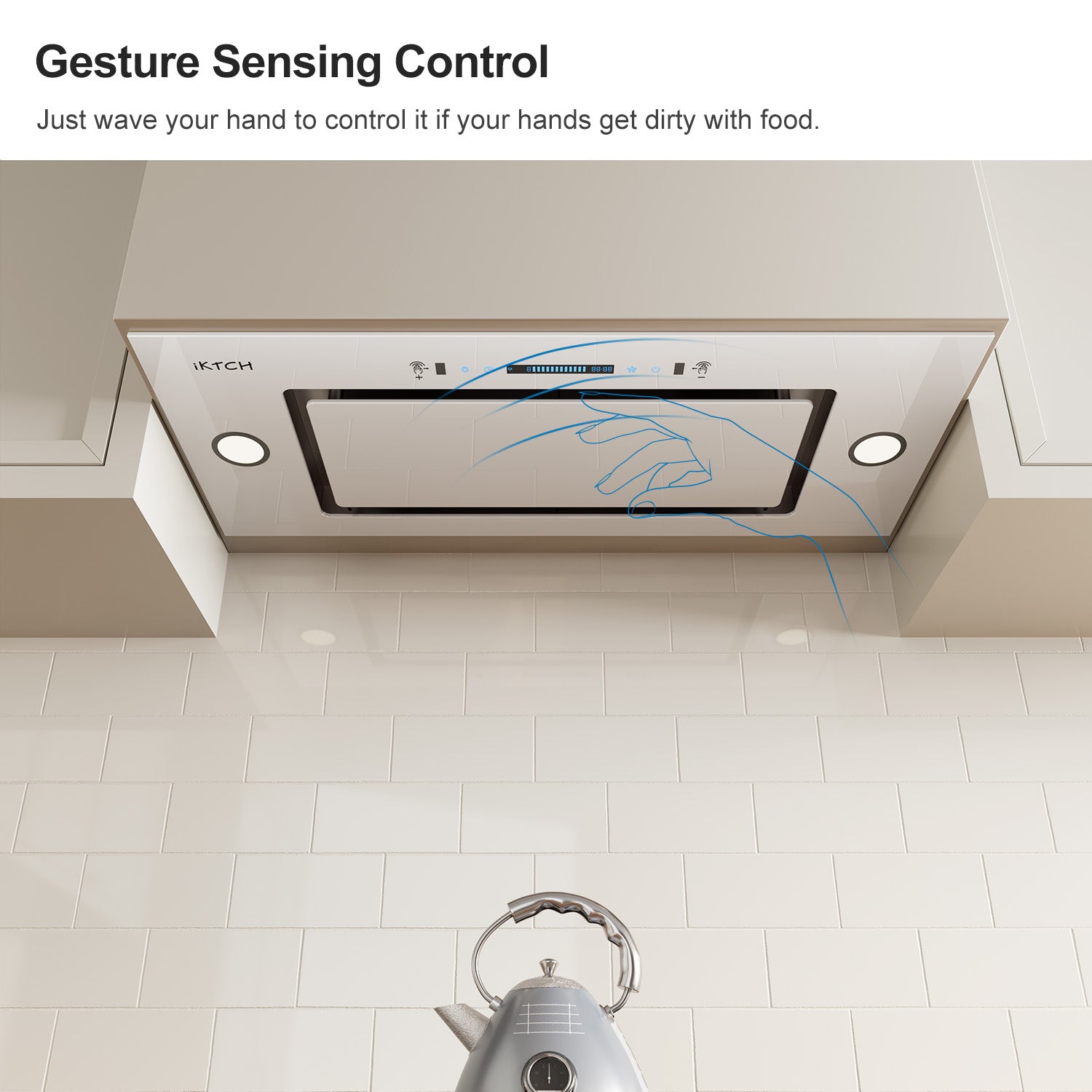 IKTCH New Range Hood Insert, 900 CFM Ducted/Ductless Range Hood with 4 Speed Fan, White Stainless Steel & Tempered Glass Range Hood with Gesture Sensing&Touch Control Making life Smarter