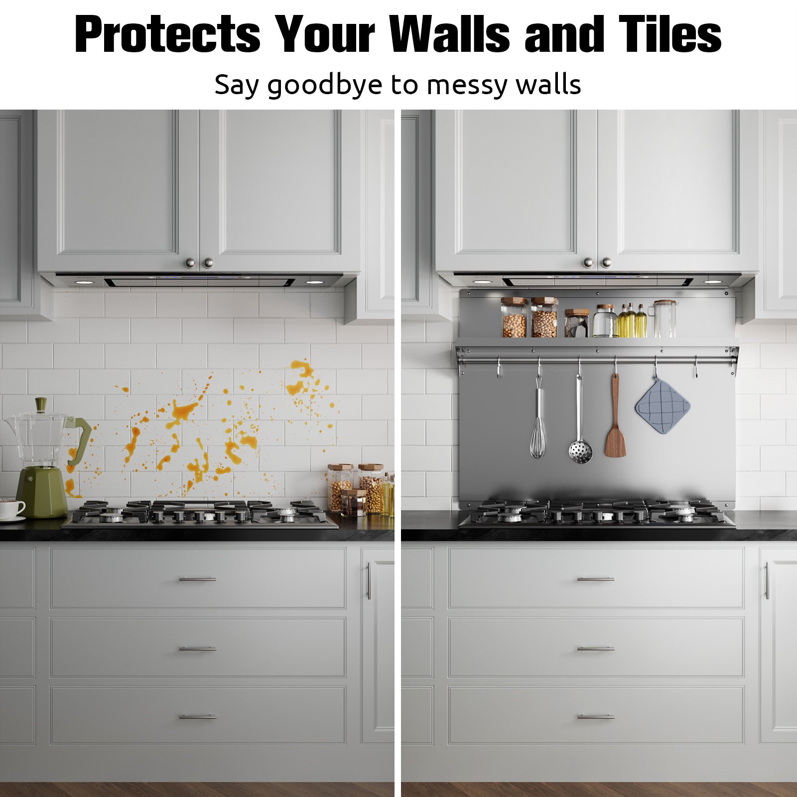 IKTCH Range Backsplash with Shelf 24 x 30 Inch Range Hood Wall Shield, Stainless Steel Backsplash Silver Splash Plate for Range Hood Stainless Backsplash with Built-in Storage Shelf and Hanging Rack