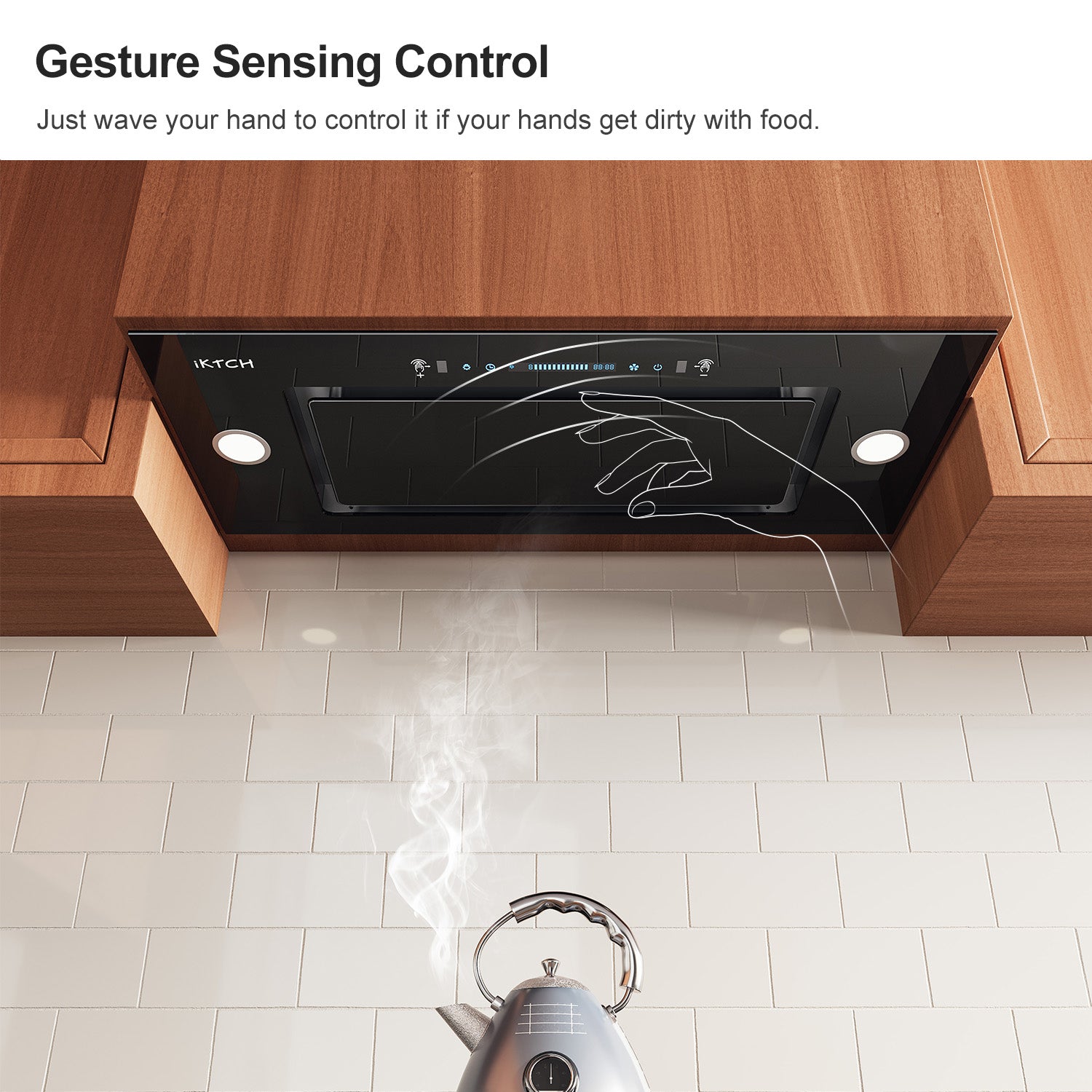 IKTCH New Range Hood Insert, 900 CFM Ducted/Ductless Range Hood with 4 Speed Fan, White Stainless Steel & Tempered Glass Range Hood with Gesture Sensing&Touch Control Making life Smarter