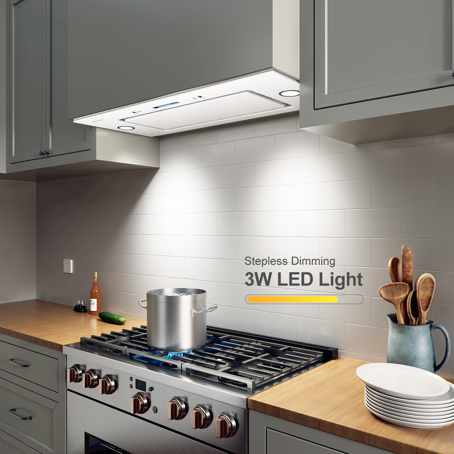 IKTCH New Range Hood Insert, 900 CFM Ducted/Ductless Range Hood with 4 Speed Fan, White Stainless Steel & Tempered Glass Range Hood with Gesture Sensing&Touch Control Making life Smarter