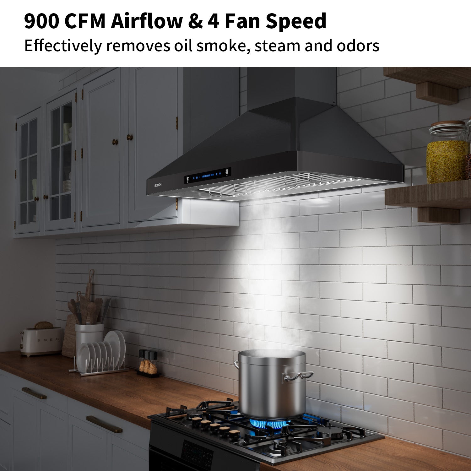 IKTCH Wall Mount Range Hood, 900 CFM Ducted/Ductless with 4 Speed Fan, Pure Stainless Steel  Range Hood Featuring Gesture Sensing & Touch Control for a Smarter Life IKP02R