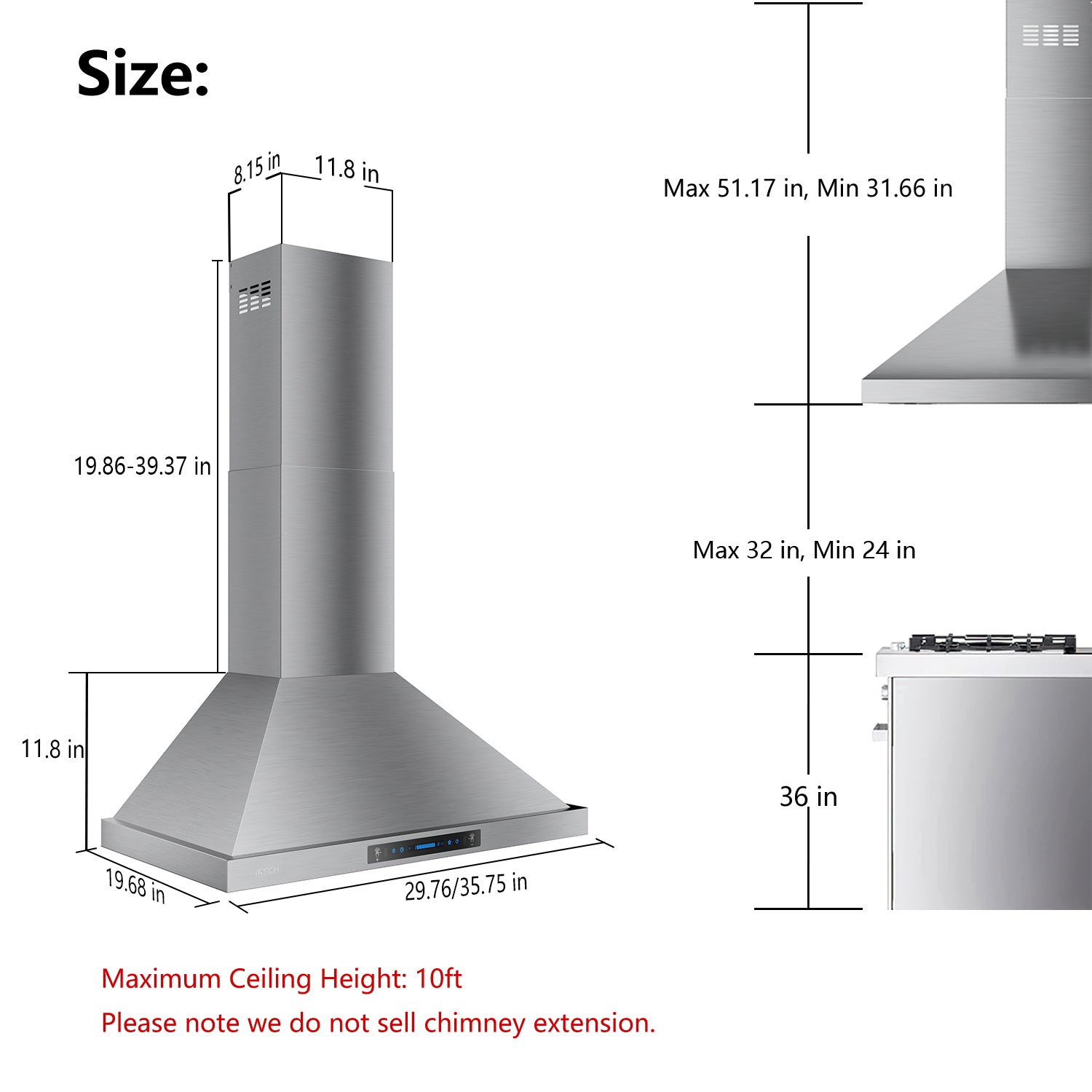 IKTCH Wall Mount Range Hood 900 CFM Ducted/Ductless Convertible, Kitch