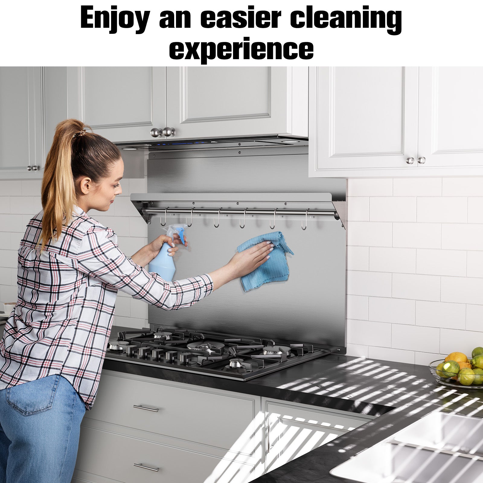 IKTCH Range Backsplash with Shelf 24 x 30 Inch Range Hood Wall Shield, Stainless Steel Backsplash Silver Splash Plate for Range Hood Stainless Backsplash with Built-in Storage Shelf and Hanging Rack