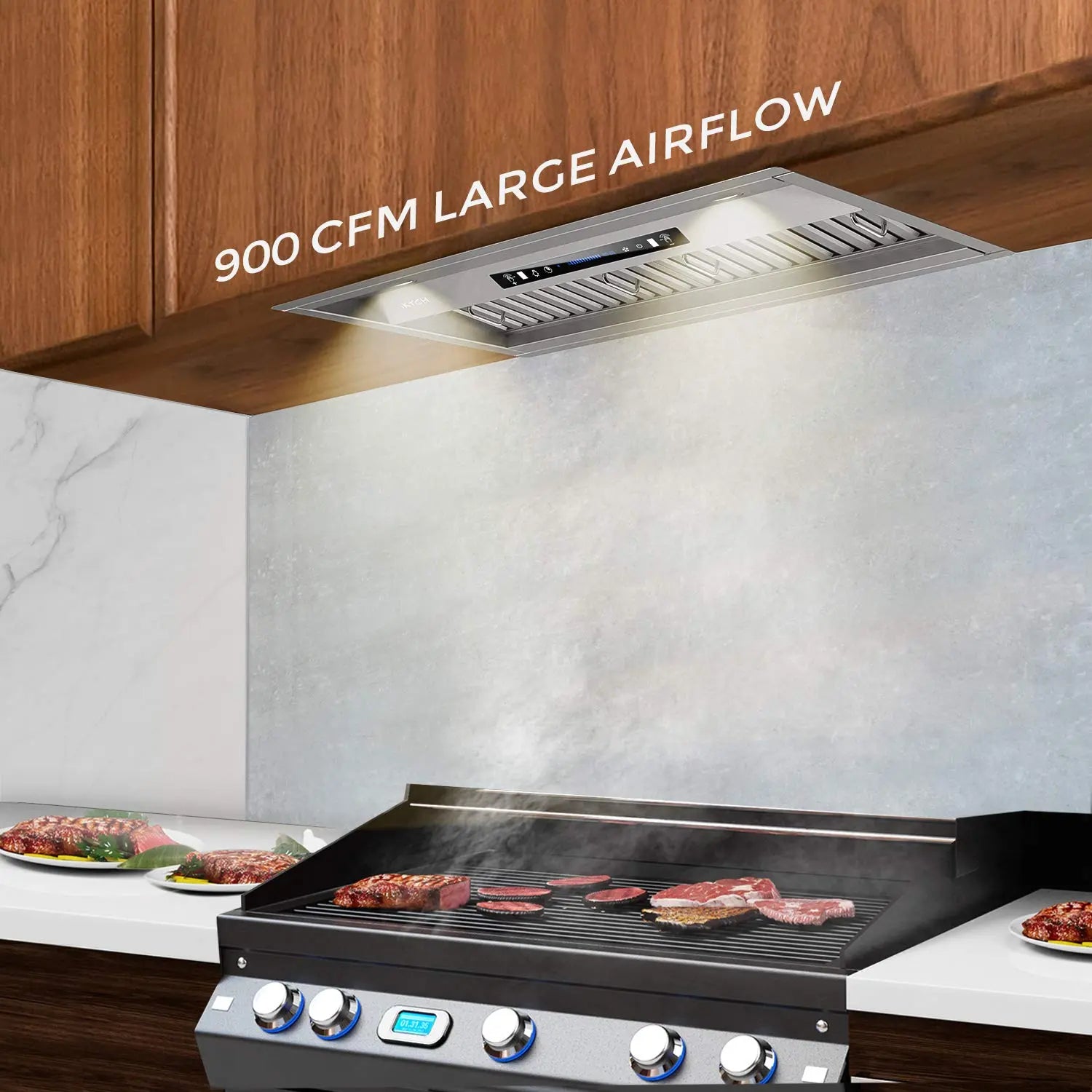 IKTCH 42 in. 900CFM Ducted Insert Range Hood in Stainless Steel with LED Light 4 Speed Gesture Sensing&Touch Control Panel, Silver