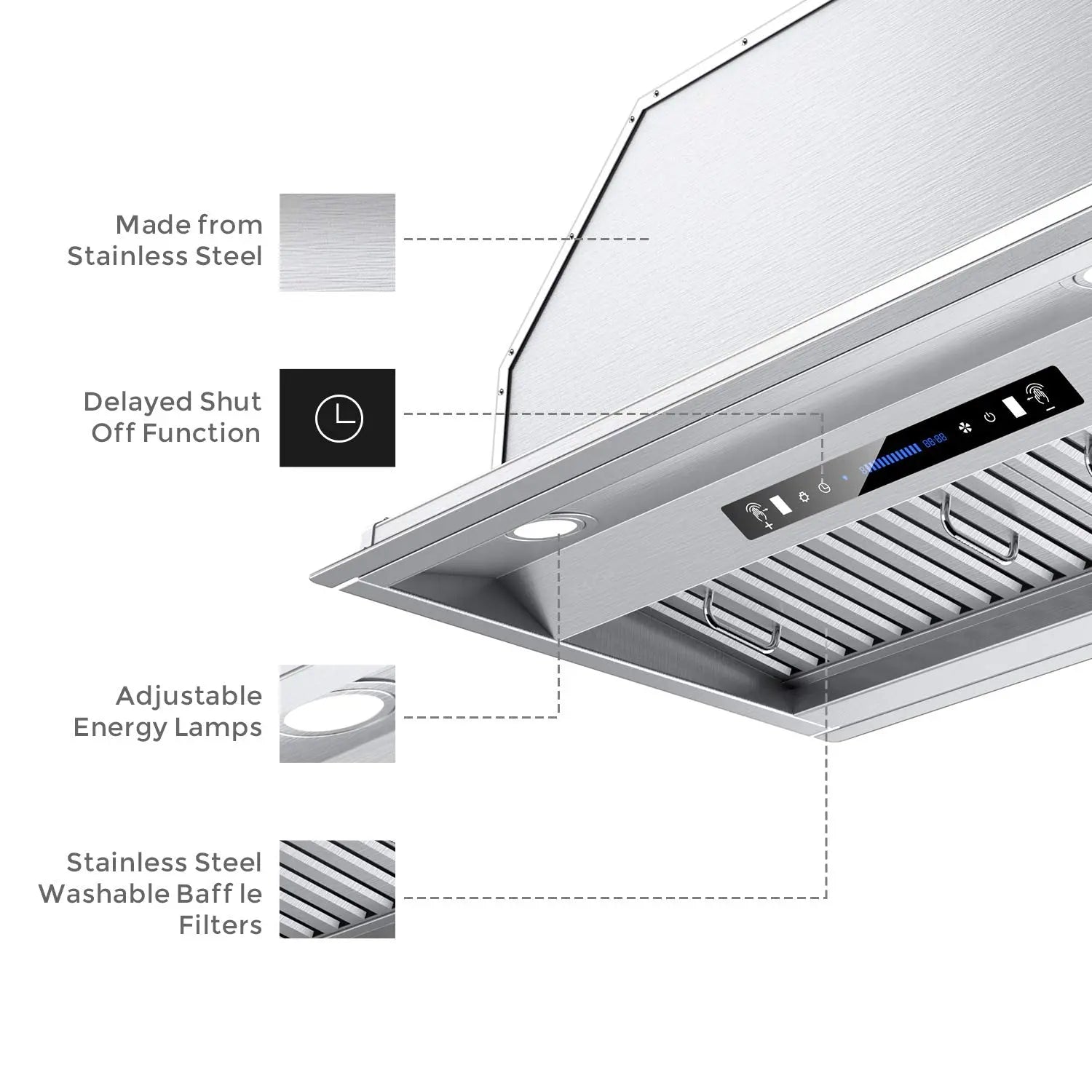 IKTCH 30 900 Cubic Feet Per Minute Ducted Wall Mount Range Hood with  Baffle Filter and Light Included
