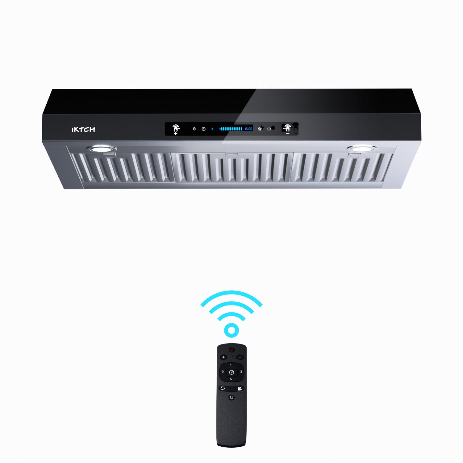 IKTCH Upgrated Under Cabinet Range Hood, 900 CFM Ducted Range Hood with 4 Speed Fan, Stainless Steel & Black Tempered Glass Range Hood with Gesture Sensing&Touch Control Making life Smarter