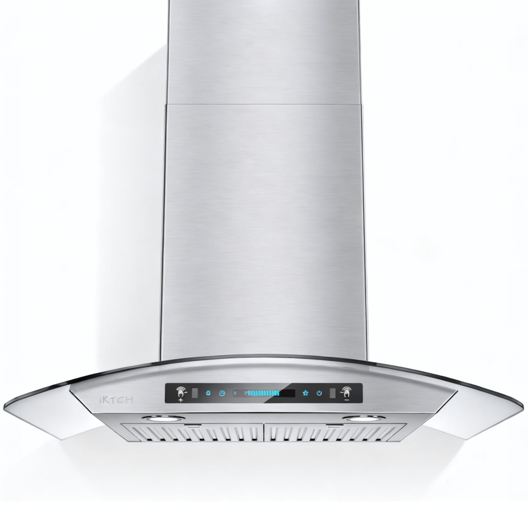 IKTCH Wall Mount Range Hood Tempered Glass 900 CFM, Ducted Kitchen Vent Hood Stainless Steel, 4-Speed Gesture, Touch & Remote Control, with 2 Baffle Filters and LED Lights IKP03