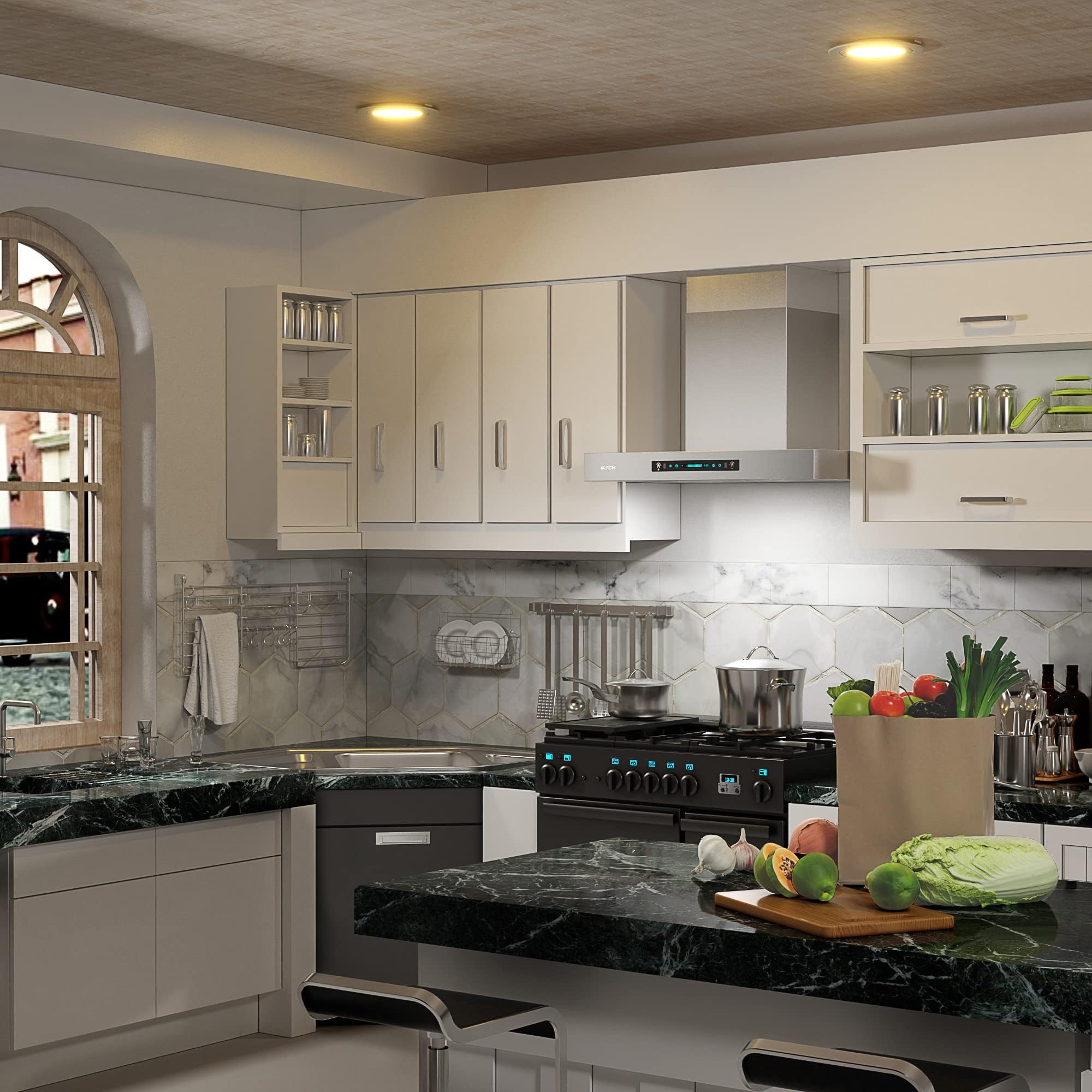 IKTCH Wall Mount Range Hood, 900 CFM Ducted Range Hood with 4 Speed Fan, Durable Stainless Steel with Gesture Sensing & Touch Control IKP01