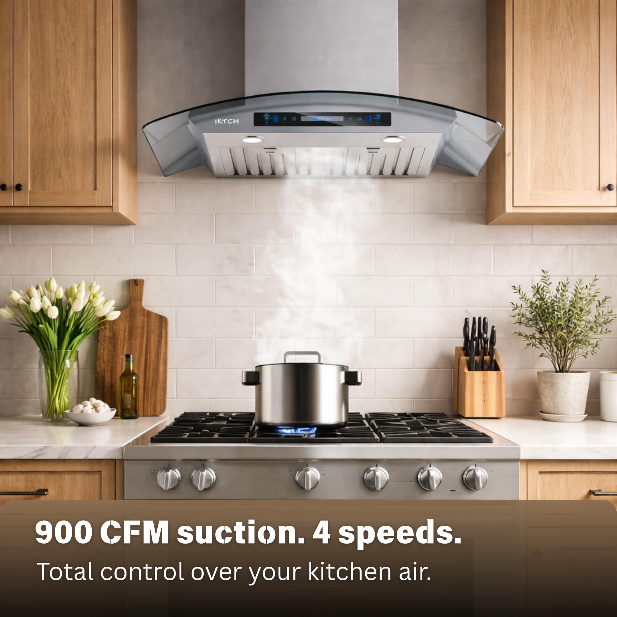 IKTCH Wall Mount Range Hood Tempered Glass 900 CFM, Ducted Kitchen Vent Hood Stainless Steel, 4-Speed Gesture, Touch & Remote Control, with 2 Baffle Filters and LED Lights IKP03