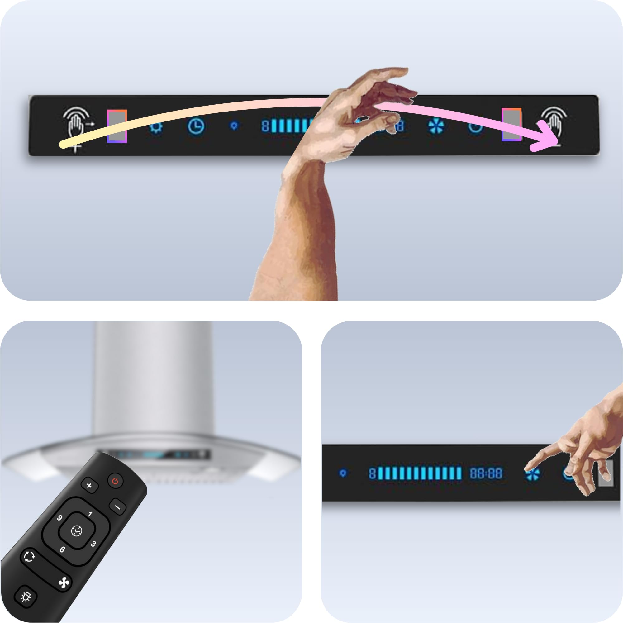 IKTCH Wall Mount Range Hood Tempered Glass 900 CFM, Ducted Kitchen Vent Hood Stainless Steel, 4-Speed Gesture, Touch & Remote Control, with 2 Baffle Filters and LED Lights IKP03