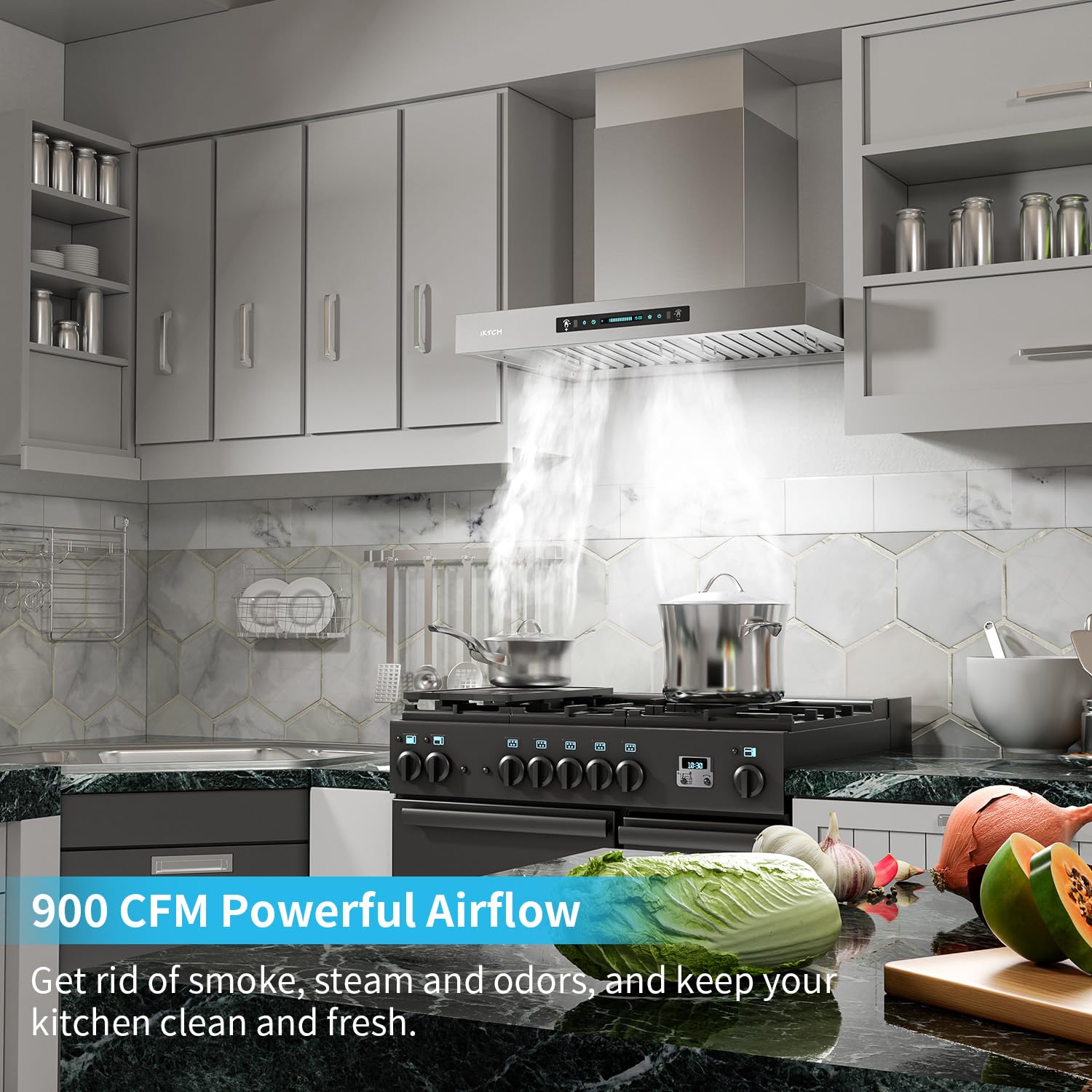 IKTCH Wall Mount Range Hood, 900 CFM Ducted Range Hood with 4 Speed Fan, Durable Stainless Steel with Gesture Sensing & Touch Control IKP01