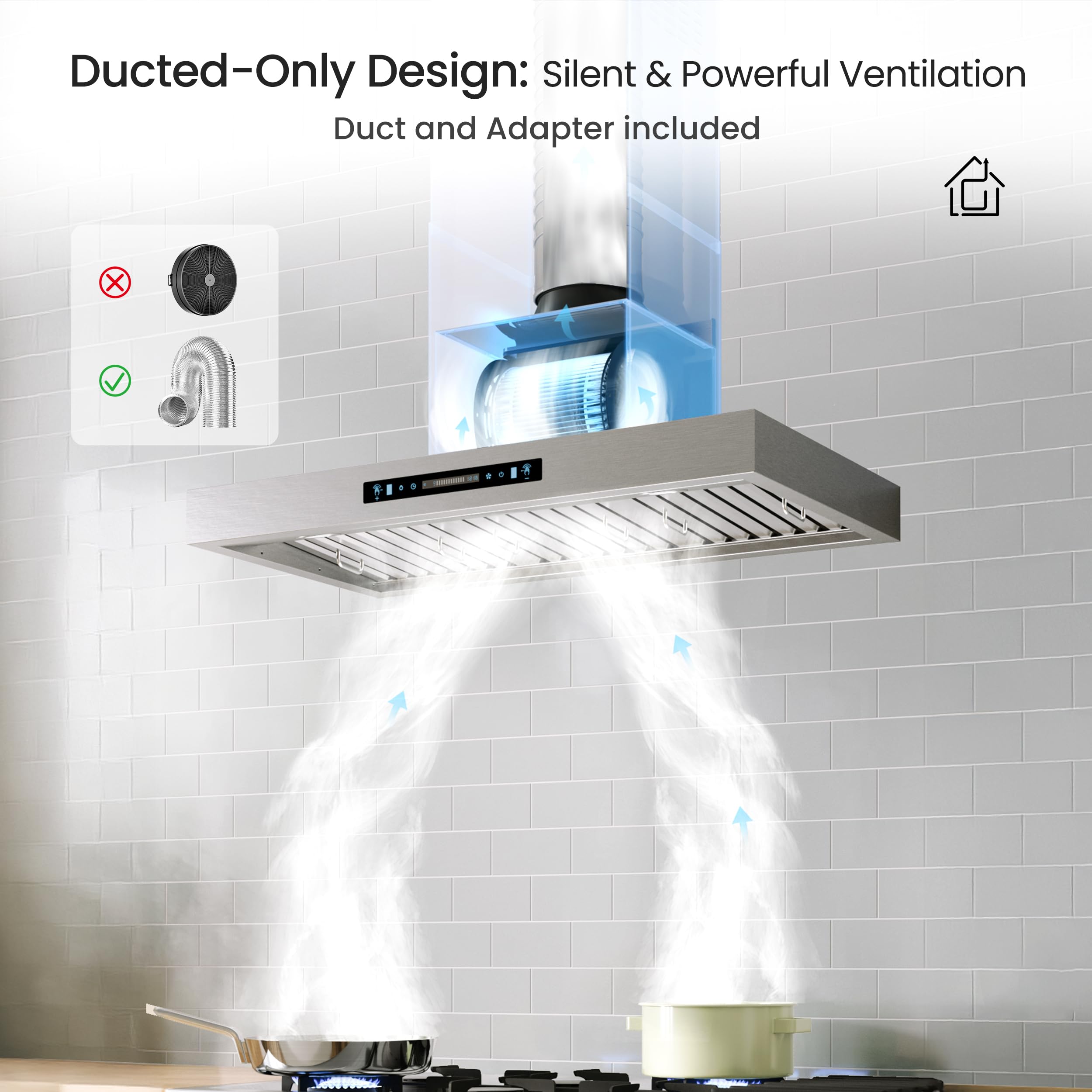 IKTCH Wall Mount Range Hood, 900 CFM Ducted Range Hood with 4 Speed Fa