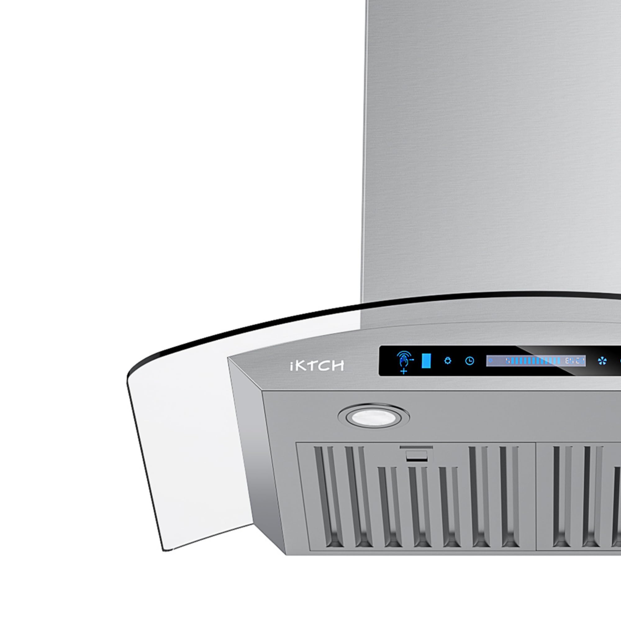 IKTCH Wall Mount Range Hood Tempered Glass 900 CFM, Ducted Kitchen Vent Hood Stainless Steel, 4-Speed Gesture, Touch & Remote Control, with 2 Baffle Filters and LED Lights IKP03